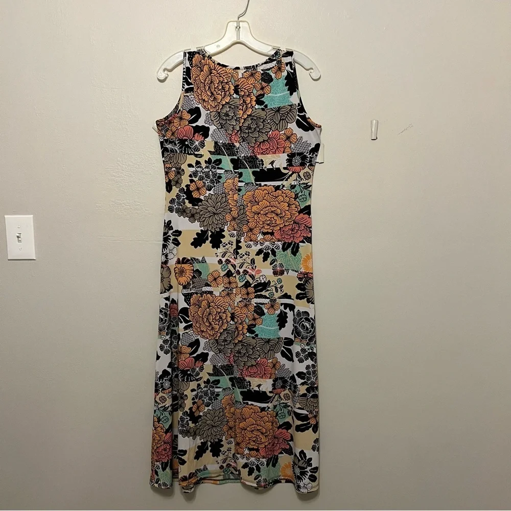 MSK BOHO MAXI DRESS TAN ORANGE GREEN PETITE MEDIUM‎ STRETCH COMFORTABLE